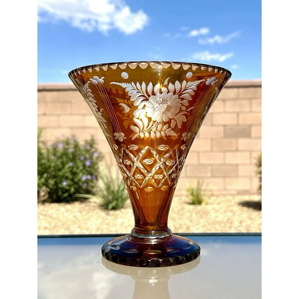 Vintage Bohemian Amber Flash Cut to Clear Glass Vase " Floral Engraved Czech - Picture 9 of 16